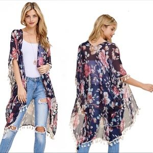 Beautiful Blue Floral Tassel Cardigan!